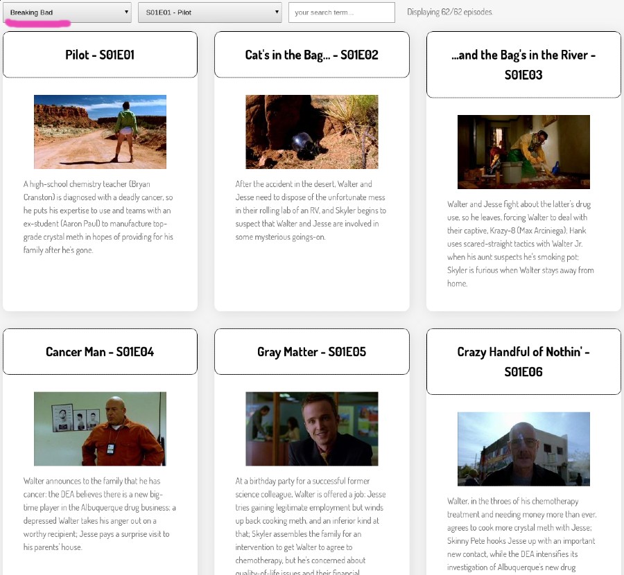 Screenshot of a website with a drop-down list with the show Breaking Bad selected
