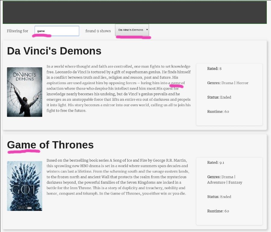Screenshot of a website with a drop-down list with the show Breaking Bad selected