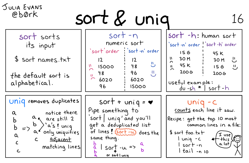 Julia Evans comic about sort and uniq